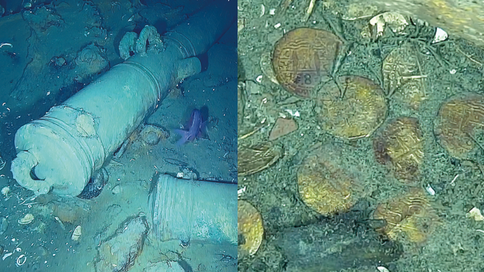 Uno de los cañones y varias de las monedas o doblones encontradas en el lecho marino. · Foto: Foto: Campaña de Verificación BIC GSJ ARC-DIMAR, 2022.