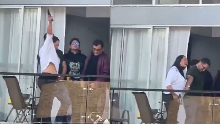 Momento en que la mujer comenzó a disparar al aire. · Foto: Redes sociales