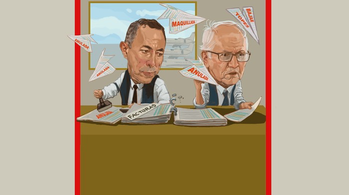 Ricardo Roa, gerente de la campaña de Petro en 2022 y Guillermo Alfonso Jaramillo, gerente de la campaña al Senado del Pacto Histórico ese mismo año. Ilustración: Jorge Restrepo.