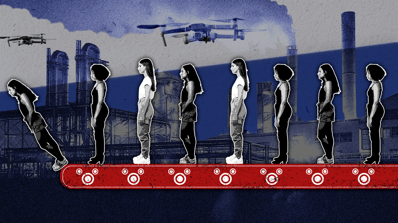 Foto principal del artículo '‘Influencers’, drones y guerra en Ucrania: la oscura oferta laboral rusa que quiere reclutar mujeres en Colombia' · Foto: Fotoilustración de Kim Vega