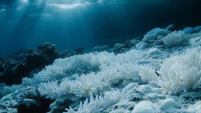 Arrecife de coral blanqueado tras olas de calor marinas, evidencia del impacto del cambio climático en los océanos · Foto: Freepik