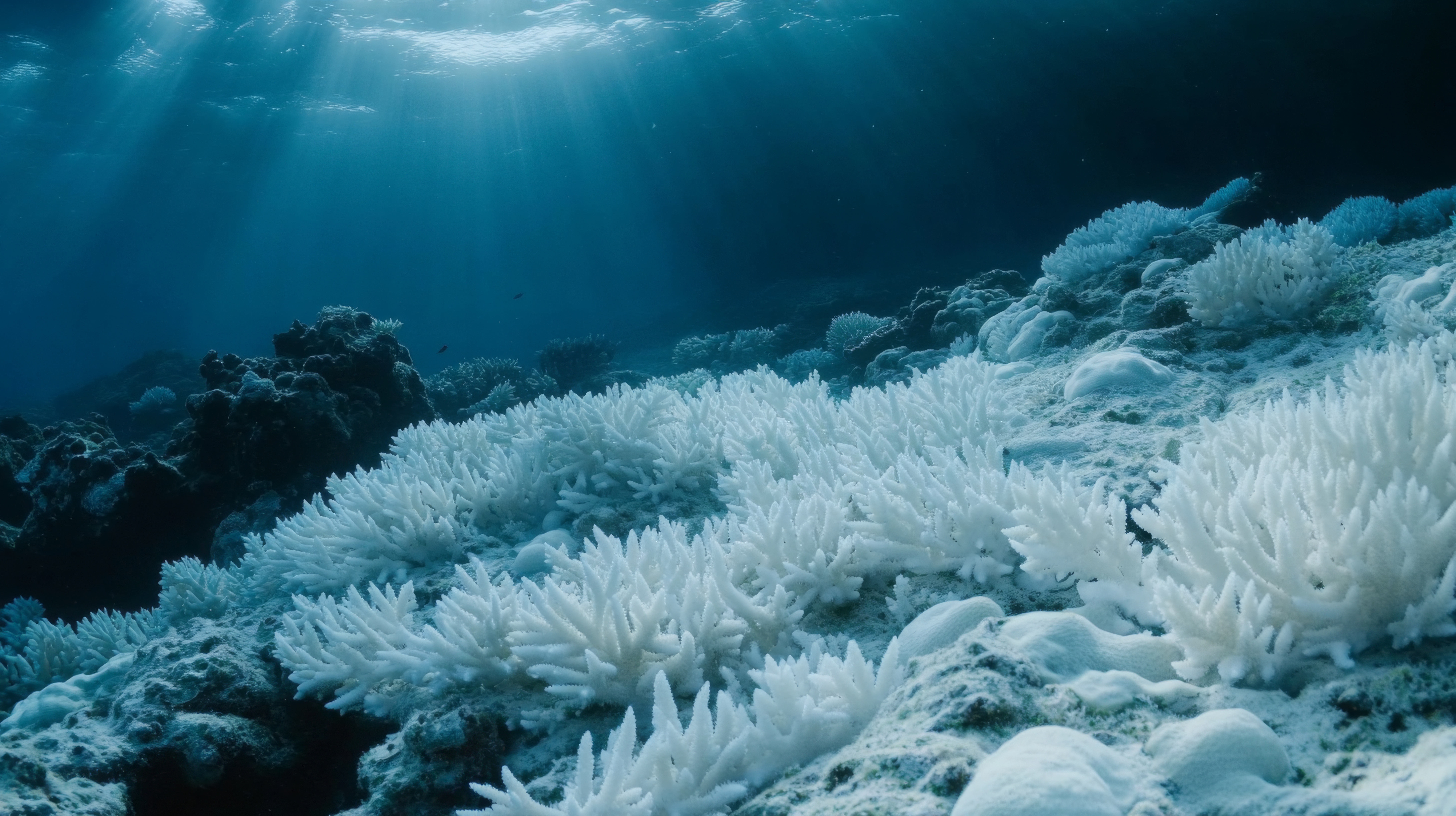 Arrecife de coral blanqueado tras olas de calor marinas, evidencia del impacto del cambio climático en los océanos